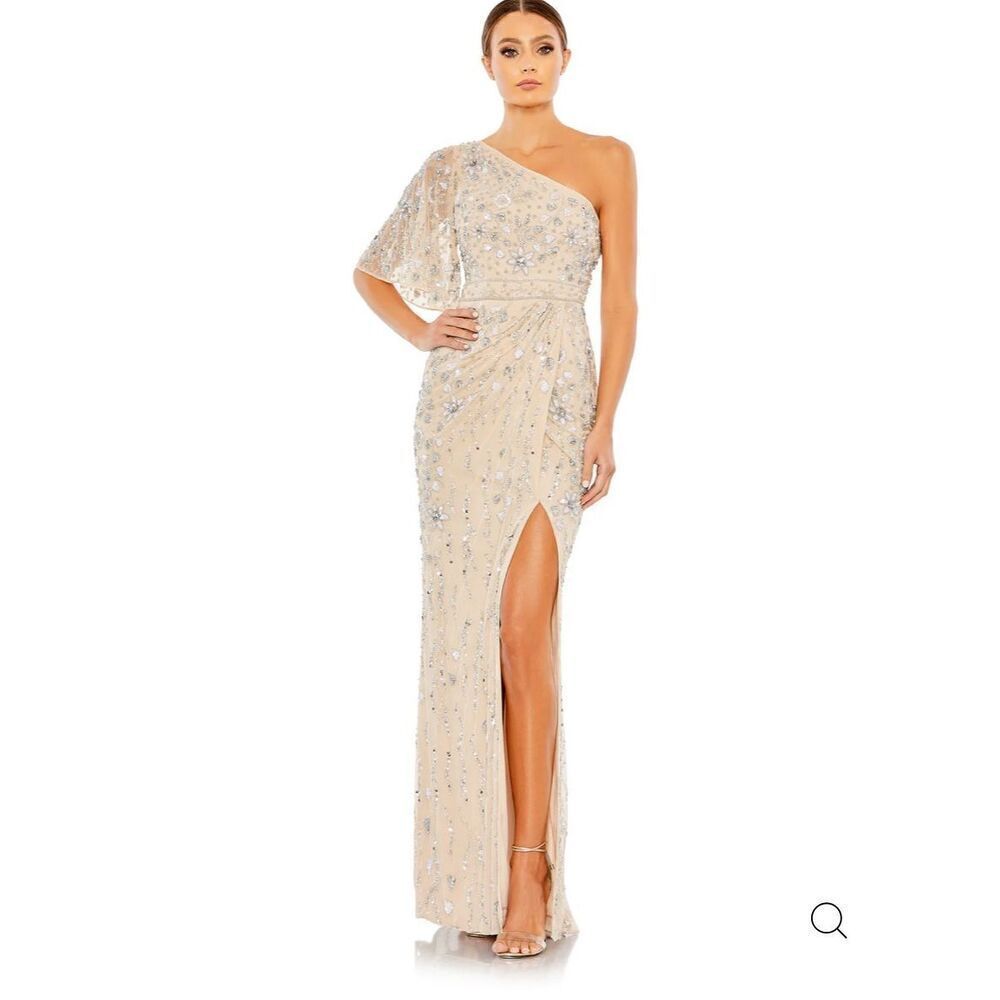 Mac Duggal Embellished One Shoulder Draped Gown 93635 Ivory Size 10 Nwt